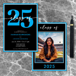 Moderne Minimal Blue Script Graduation Party Einladung