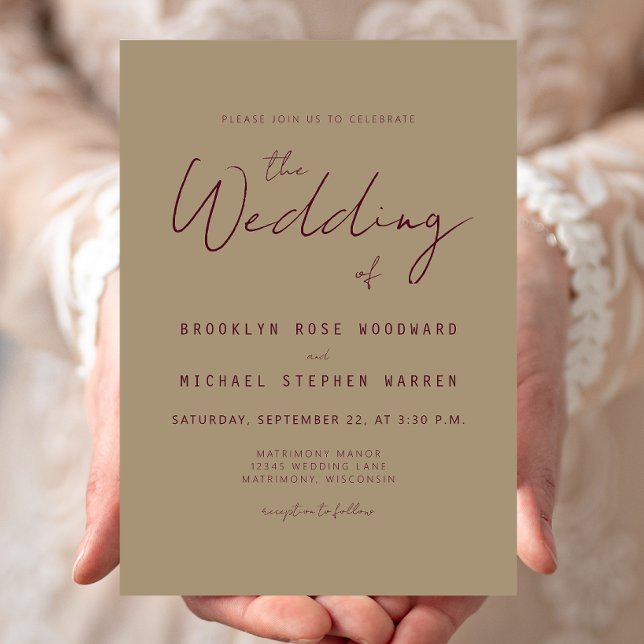 Moderne Minimal Burgundy Script Gold Wedding Einladung (Von Creator hochgeladen)