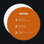 Moderne Minimal Burnt Orange Circle Wedding Menükarte<br><div class="desc">Dieses zeitgenössische Hochzeitsmenü bietet die Gerichte Ihres Hochzeitsmahles in schlichten Schriftart und ein elegantes und gepflegtes Design. Diese verbrannte orangefarbene Kreissenkarte hebt sich sicherlich von der Masse ab. Moderne Typografie und Menüdesign für eine moderne Hochzeit. Alle Elemente sind anpassbar - Text, Hintergrund und Farben. Bearbeiten Sie die Namen und Daten...</div>