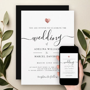 Moderne Minimal Calligrafy Rose Gold Heart Wedding Einladung