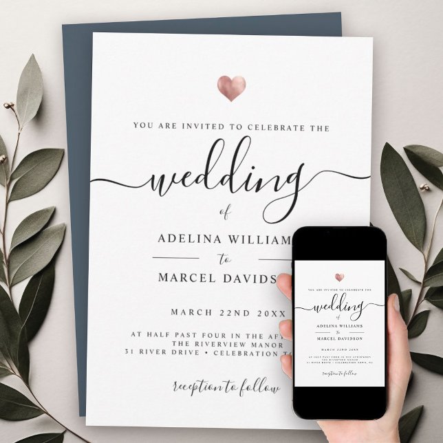 Moderne Minimal Calligrafy Rose Gold Heart Wedding Einladung (Von Creator hochgeladen)