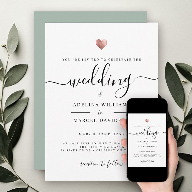 Moderne Minimal Calligrafy Rose Gold Heart Wedding Einladung (Von Creator hochgeladen)