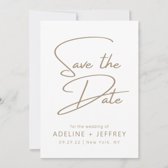 Moderne Minimal Calligraphie White Gold Hochzeit Save The Date (Vorderseite)
