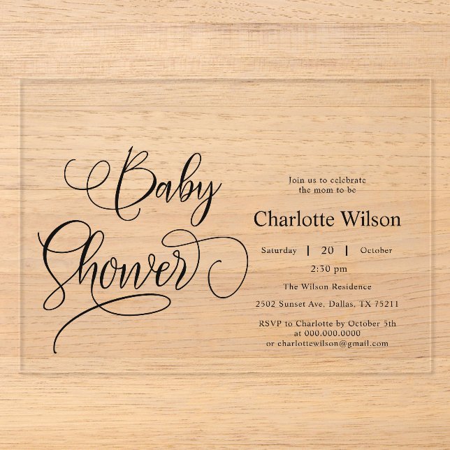 Moderne Minimal Calligraphy Babydusche Acryleinladungen (Vorderseite)