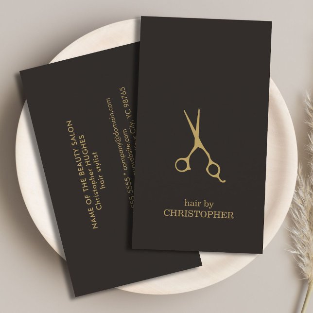 Moderne Minimal Dunkle Imitate Gold Haare Stylist Visitenkarte (Von Creator hochgeladen)