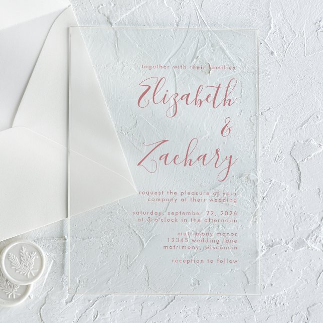 Moderne Minimal Dusty Rose Script Wedding Acryleinladungen (Von Creator hochgeladen)