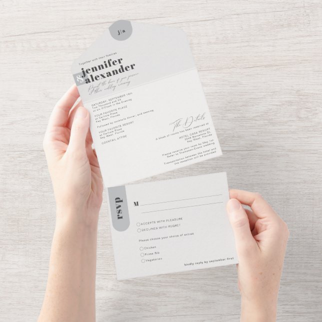 Moderne Minimal einfache graue Hochzeit All In One Einladung (Abreißtisch)