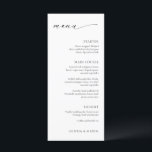Moderne Minimal Elegante Hochzeit Menükarte<br><div class="desc">Modernes Hochzeitsmenü mit einem schlichten,  minimalen Schwarz-Weiß-Design mit eleganter Typografie und klassischem Serifenfass-Schriftart. Das minimalistische Layout macht dieses Menü zu einem idealen Ort für eine feierliche Hochzeit.</div>