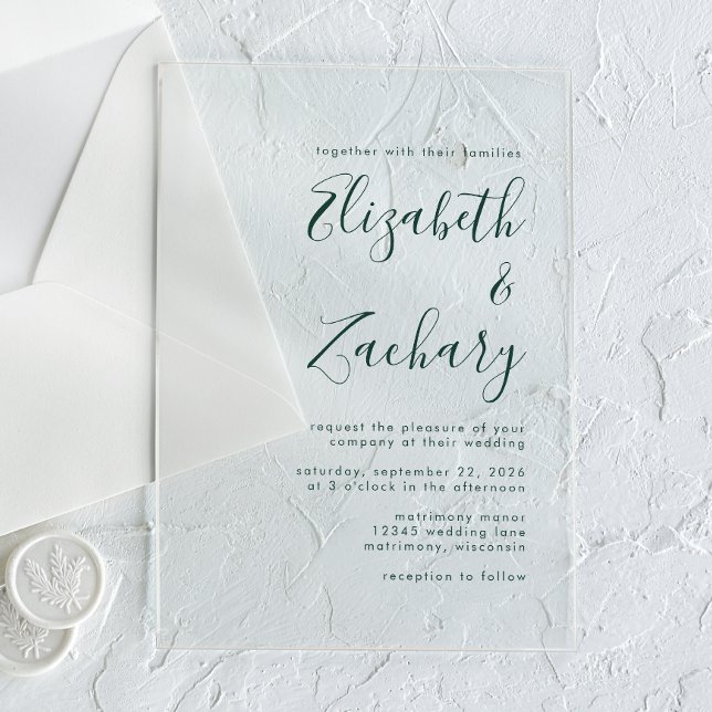 Moderne Minimal Emerald Green Script Wedding Acryleinladungen (Von Creator hochgeladen)