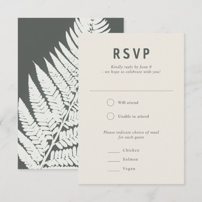 Moderne Minimal-Fern-Botanische Holzheirat RSVP Karte (Vorne/Hinten)