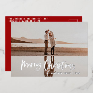 Moderne Minimal-Foto-Rot-Schrift Weihnachten Folien Feiertagskarte