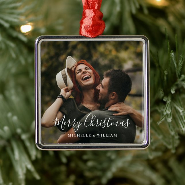 Moderne Minimal Foto Weihnachtsschrift Ornament Aus Metall (Baum)