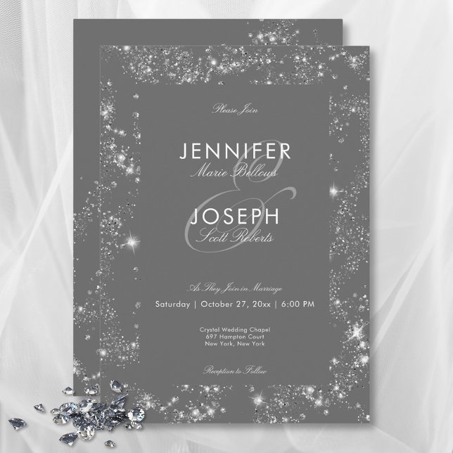 Moderne Minimal Glam Diamant Rahmen Wedding Einladung (Modern Minimal Gray Glam Diamond Frame Wedding Invitation)