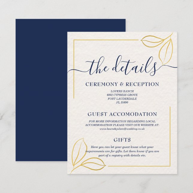 Moderne Minimal Gold Blatt- und Blautypografie Begleitkarte (Vorne/Hinten)
