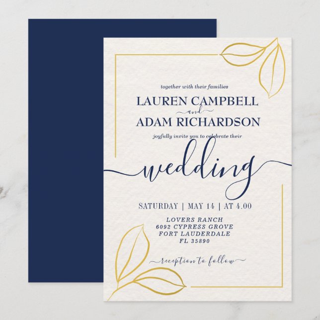 Moderne Minimal Gold Blatt und Blue txt Hochzeit Einladung (Vorne/Hinten)