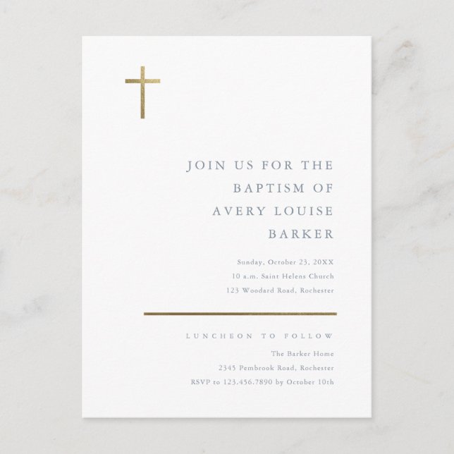 Moderne Minimal Gold Cross Taufe Einladungspostkarte (Vorderseite)