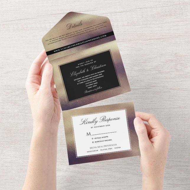 Moderne Minimal Gold und Black Wedding All In One Einladung (Abreißen)