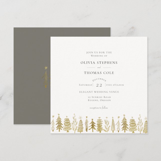 Moderne Minimal Gold Weihnachtsbaumen Winterhochze Einladung (Vorne/Hinten)