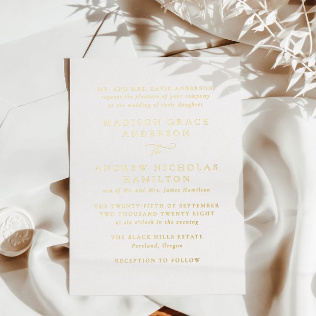 Moderne Minimal-Goldkalligrafie-Hochzeit Folieneinladung (Von Creator hochgeladen)