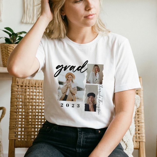 Moderne Minimal Grad Drehbuch Drei Foto Abschluss T-Shirt (Modern Minimal Script Custom Grad Photo Collage T-Shirt)
