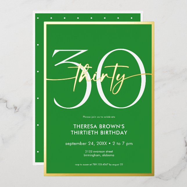 Moderne Minimal Green 30 Script Geburtstag Folieneinladung (Vorderseite/Rückseite)