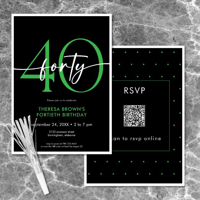 Moderne Minimal Green 40 Script Geburtstag QR Einladung (Modern Minimal Green Forty Script Birthday QR Invitation)
