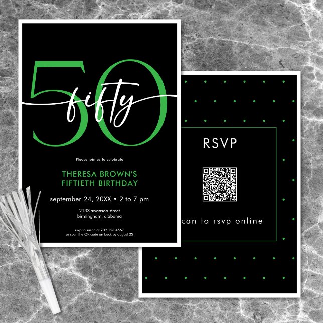 Moderne Minimal Green 50 Script Geburtstag QR Einladung (Modern Minimal Green Fifty Script Birthday QR Invitation)