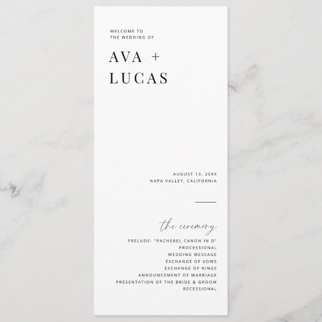 Moderne Minimal-Hochzeitfeier Programm (Vorderseite)
