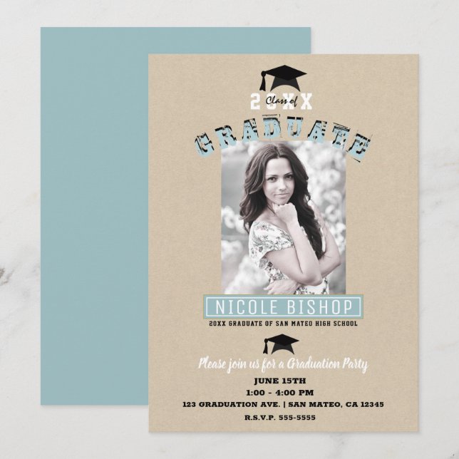 Moderne Minimal Kraft Blue Foto Graduation Party Einladung (Vorne/Hinten)