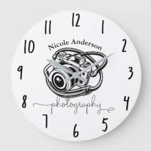 Moderne Minimal-Logo-Grafik für Fotografie-Kamera Große Wanduhr