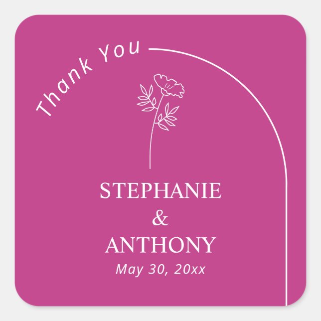 Moderne Minimal Magenta Arch Wildblume Hochzeit Quadratischer Aufkleber (Vorderseite)