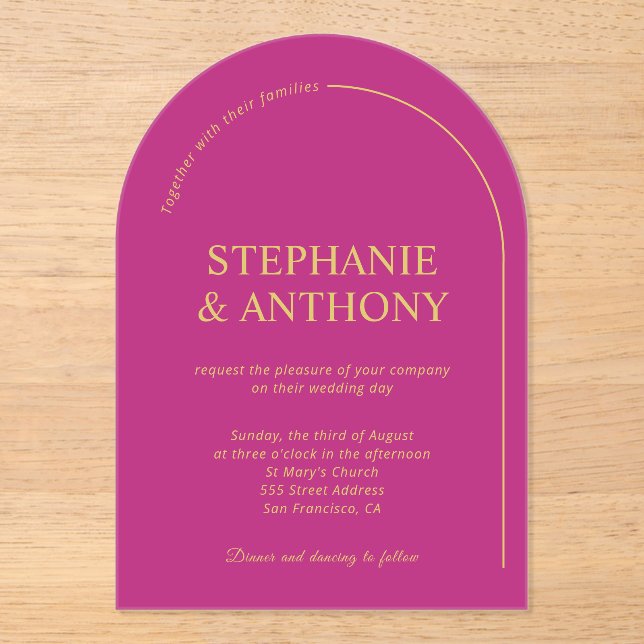 Moderne Minimal Magenta mit Arch Wedding Acryleinladungen (Vorderseite)