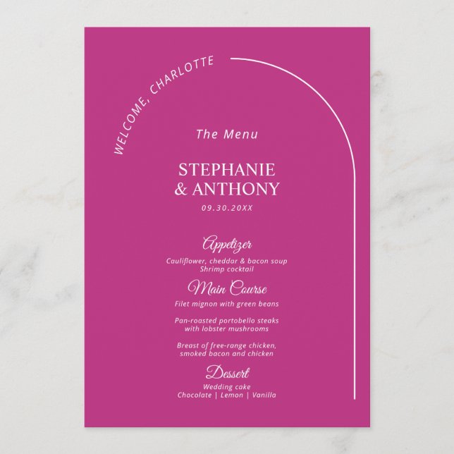 Moderne Minimal Magenta mit Arch Wedding Menükarte (Vorderseite)