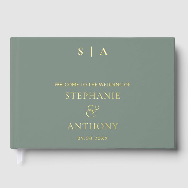 Moderne Minimal Mongram Sage Green Foil Wedding Gästebuch (Vorderseite)