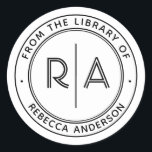 Moderne Minimal Monogram The Library of Buchzeiche Runder Aufkleber<br><div class="desc">Erweitern Sie Ihre persönliche Bibliothek mit unserem eleganten und minimalen "From the Library of" oder "This Book Belongs To" Buchzeichen. Dieses Buchzeichen mit seinen Monogramm-Initialen in einem modernen offenen Typ, der durch eine schmale vertikale Linie getrennt ist, enthält auch Ihren Namen und personalisierten Text in einem modernen serifenlosen Schriftart. Dieses...</div>