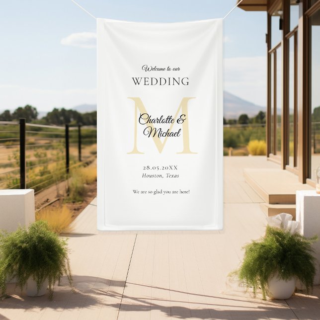 Moderne Minimal Monogram Wedding Willkommen Banner (Modern, Minimal, Monogram, Luxury, White-Beige, Wedding Welcome Banner.)
