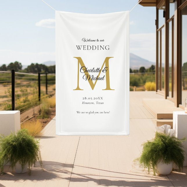 Moderne Minimal Monogram Wedding Willkommen Banner (Modern, Minimal, Monogram, Luxury, Beige-Gold, Wedding Welcome Banner.)