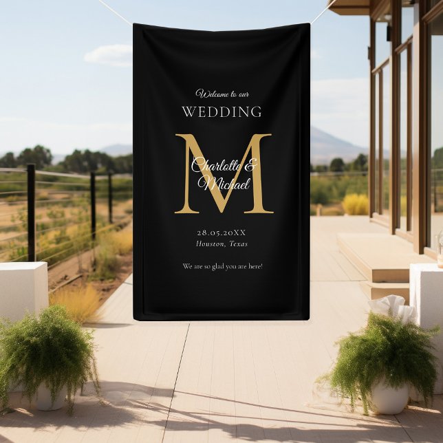 Moderne Minimal Monogram Wedding Willkommen Banner (Modern, Minimal, Monogram, Luxury, Black-Beige-Gold, Wedding Welcome Banner.)