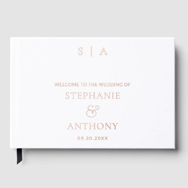 Moderne Minimal-Monogram-White-Foil-Hochzeit Gästebuch (Vorderseite)