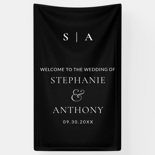 Moderne Minimal-Monogramm-Schwarz-Weiß-Hochzeit Banner (Vertikal)