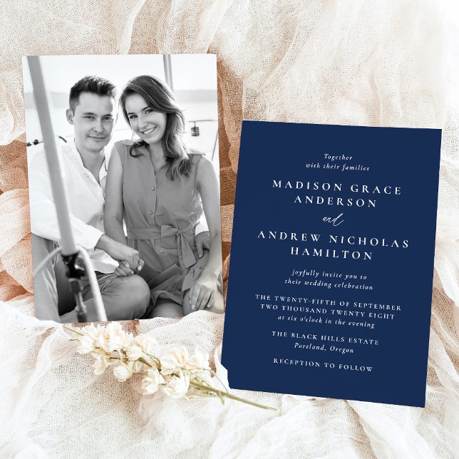 Moderne Minimal Navy Foto Hochzeit Einladung (Von Creator hochgeladen)
