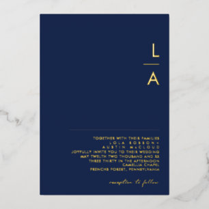 Moderne Minimal Navy und Gold Monogram Hochzeit re Folieneinladung