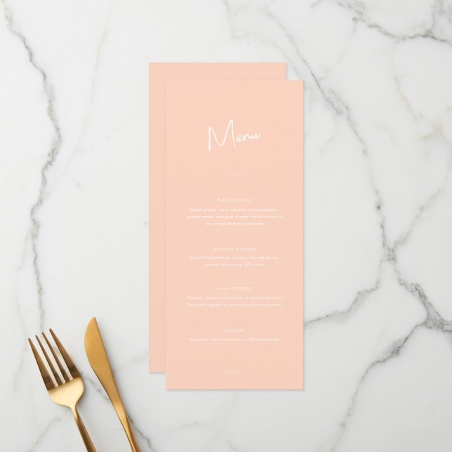 Moderne Minimal Peach Script Hochzeit Menükarte (Vorderseite/Rückseite Beispiel)