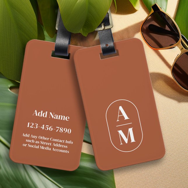 Moderne Minimal Pill Monogram - Terra Cotta Gepäckanhänger (Custom Luggage Tag - Personalized Bag Tag)