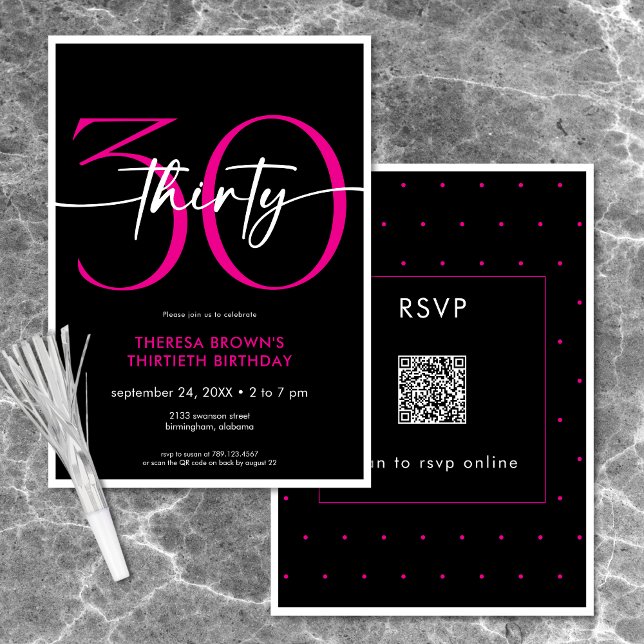 Moderne Minimal Pink 30 Script Geburtstag QR Einladung (Modern Minimal Pink Thirty Script Birthday QR Invitation)