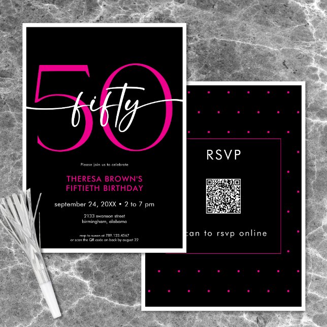 Moderne Minimal Pink 50 Script Geburtstag QR Einladung (Modern Minimal Pink Fifty Script Birthday QR Invitation)