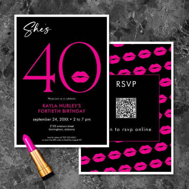 Moderne Minimal Pink Lips Sie ist vierzig Geburtst Einladung (Modern Minimal Pink Lips She's Forty Birthday QR Invitation)