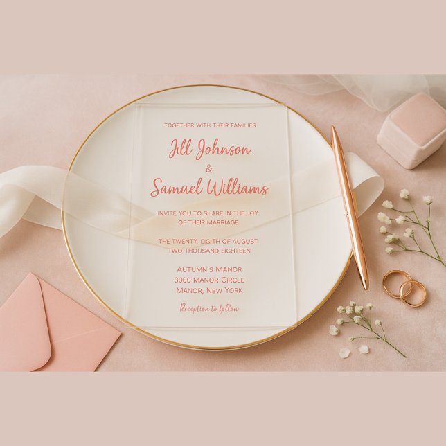Moderne Minimal-Pink-Script-Hochzeit Acryleinladungen (Von Creator hochgeladen)