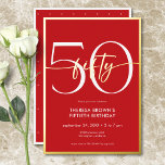 Moderne Minimal Red Fifty Script Geburtstag Folieneinladung<br><div class="desc">Die moderne und schicke Einladung zum Geburtstag verbindet klassisches Rot und Weiß mit Akzenten echter Goldfolie. Es ist minimales Design ist ein einfaches und lustiges Design,  um den Meilenstein Geburtstag zu feiern. Diese Version der Karte hat einen skurrilen kleinen Polka-Punkt zurück. Erstellt von der einfachen Farmhouse Press.</div>