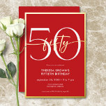 Moderne Minimal Red Fifty Script Geburtstag Folieneinladung<br><div class="desc">Die moderne und schicke Einladung zum Geburtstag verbindet klassisches Rot und Weiß mit Akzenten echter Goldfolie. Es ist minimales Design ist ein einfaches und lustiges Design,  um den Meilenstein Geburtstag zu feiern. Erstellt von der einfachen Farmhouse Press.</div>